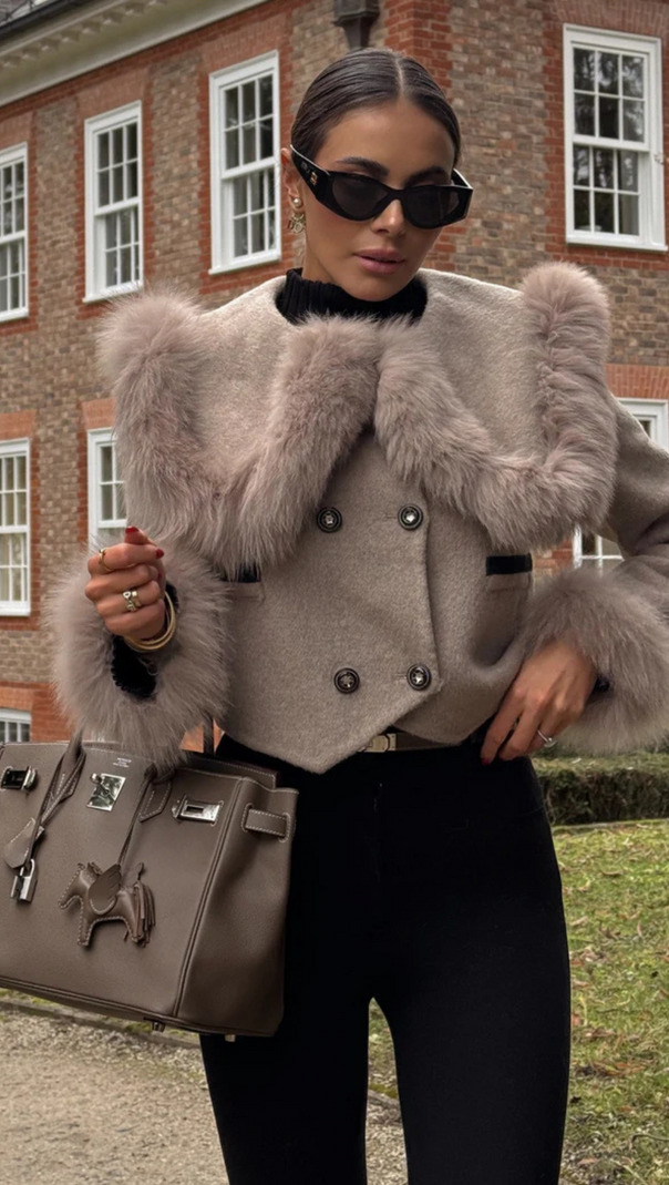 AIIZIE DOUBLE BREASTED CROPPED JACKET WITH FUR COLLAR EMBELLISHMENT - GRAY - product image