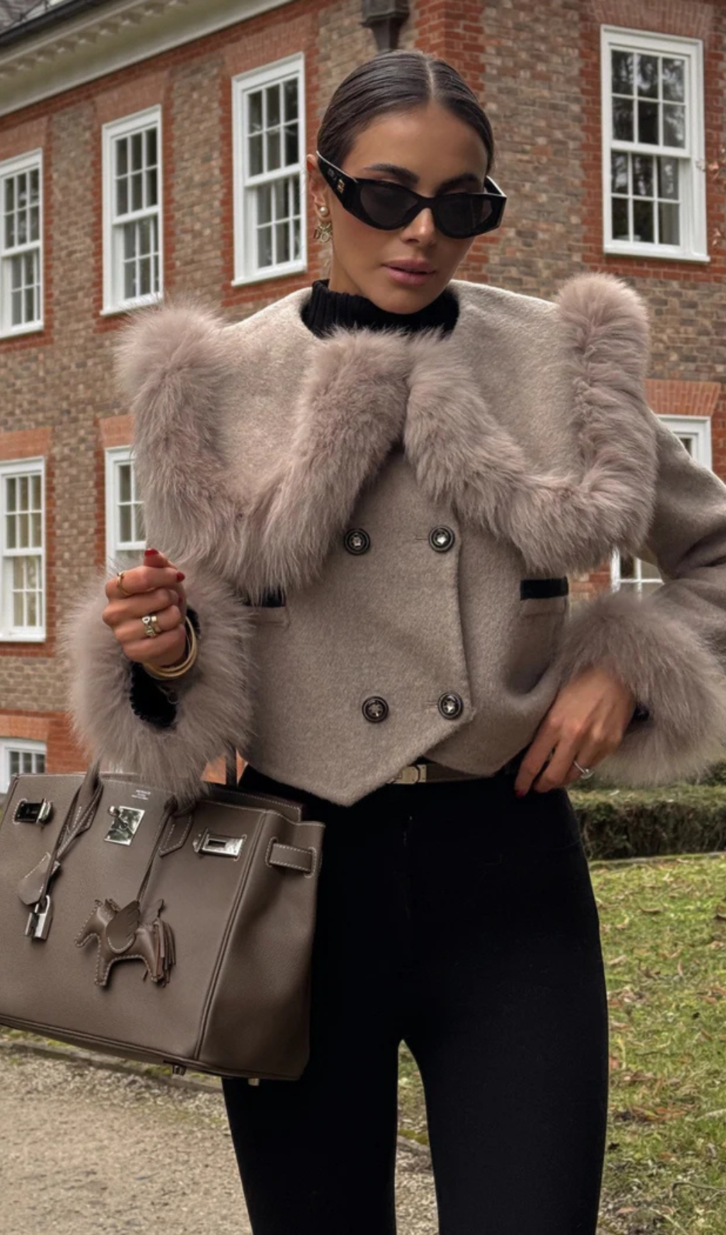 DOUBLE BREASTED CROPPED JACKET WITH FUR COLLAR EMBELLISHMENT - GRAY