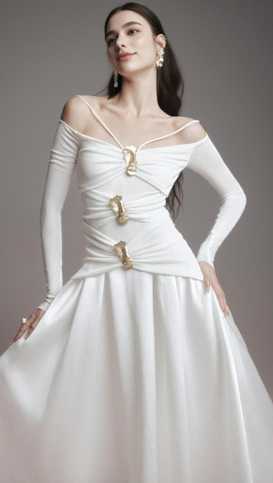 WHITE A-LINE COLD SHOULDER SLEEVED SPANDEX TAFFETA MAXI DRESS