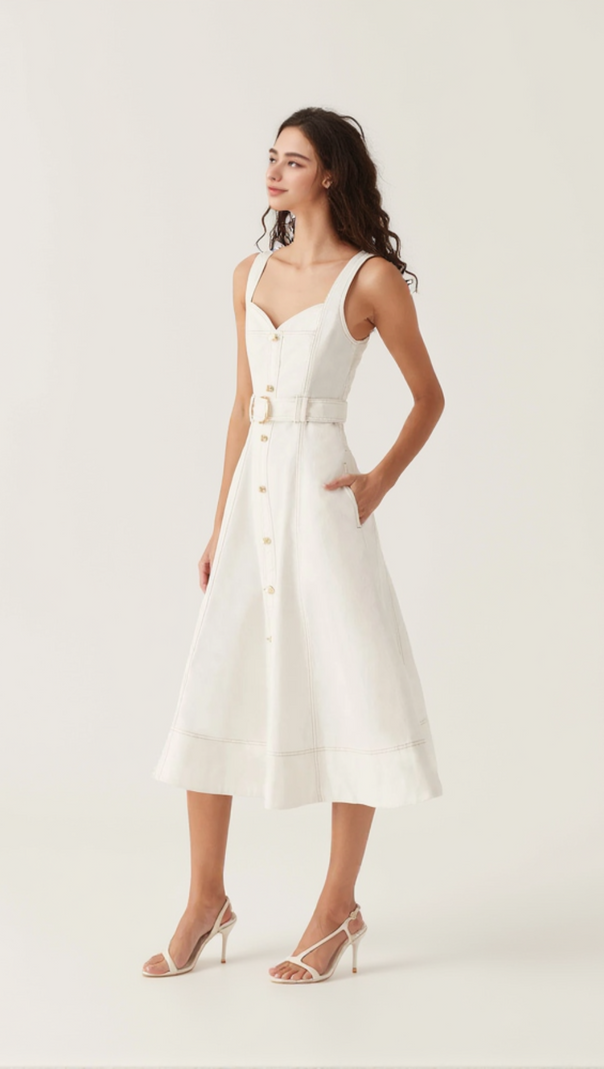 AIIZIE SWEETHEART NECKLINE BELTED MIDI DRESS IN IVORY - product image