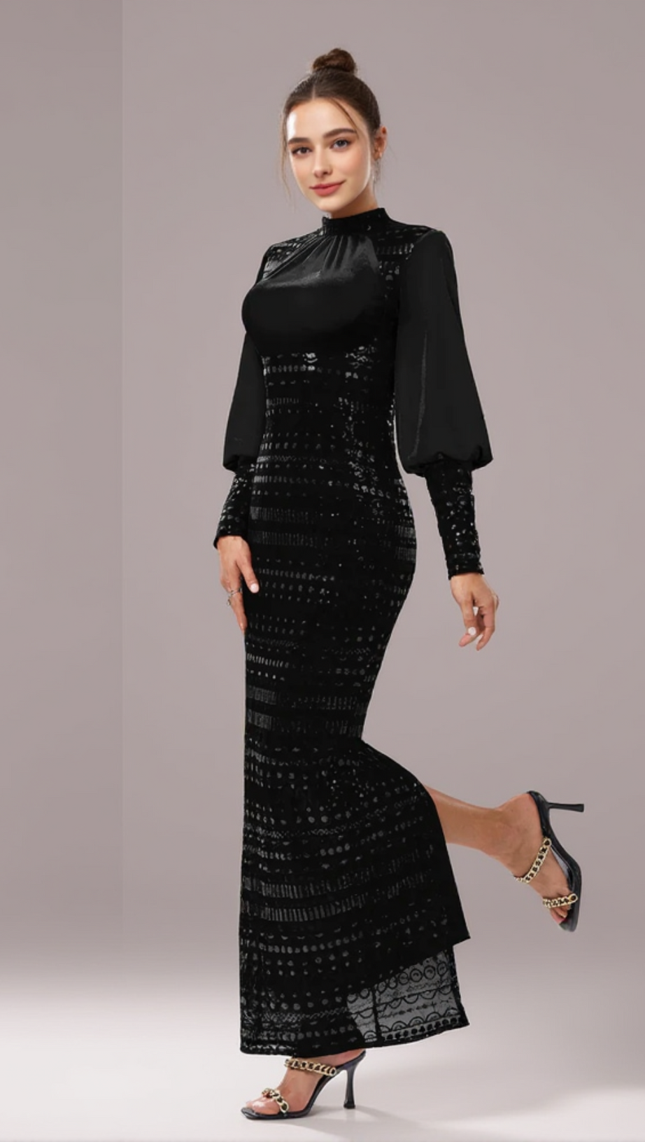 SEQUIN LONG SLEEVE MAXI DRESS IN BLACK