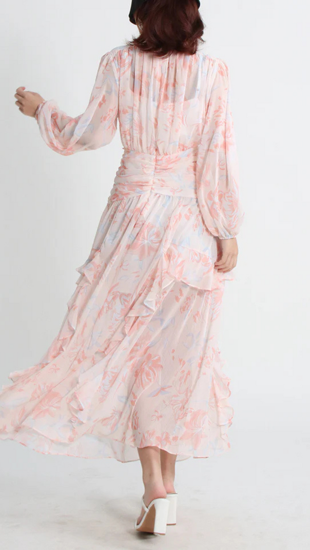 AIIZIE PUFF LONG SLEEVE TIERED RUFFLE HEM MAXI DRESS IN PINK - product image