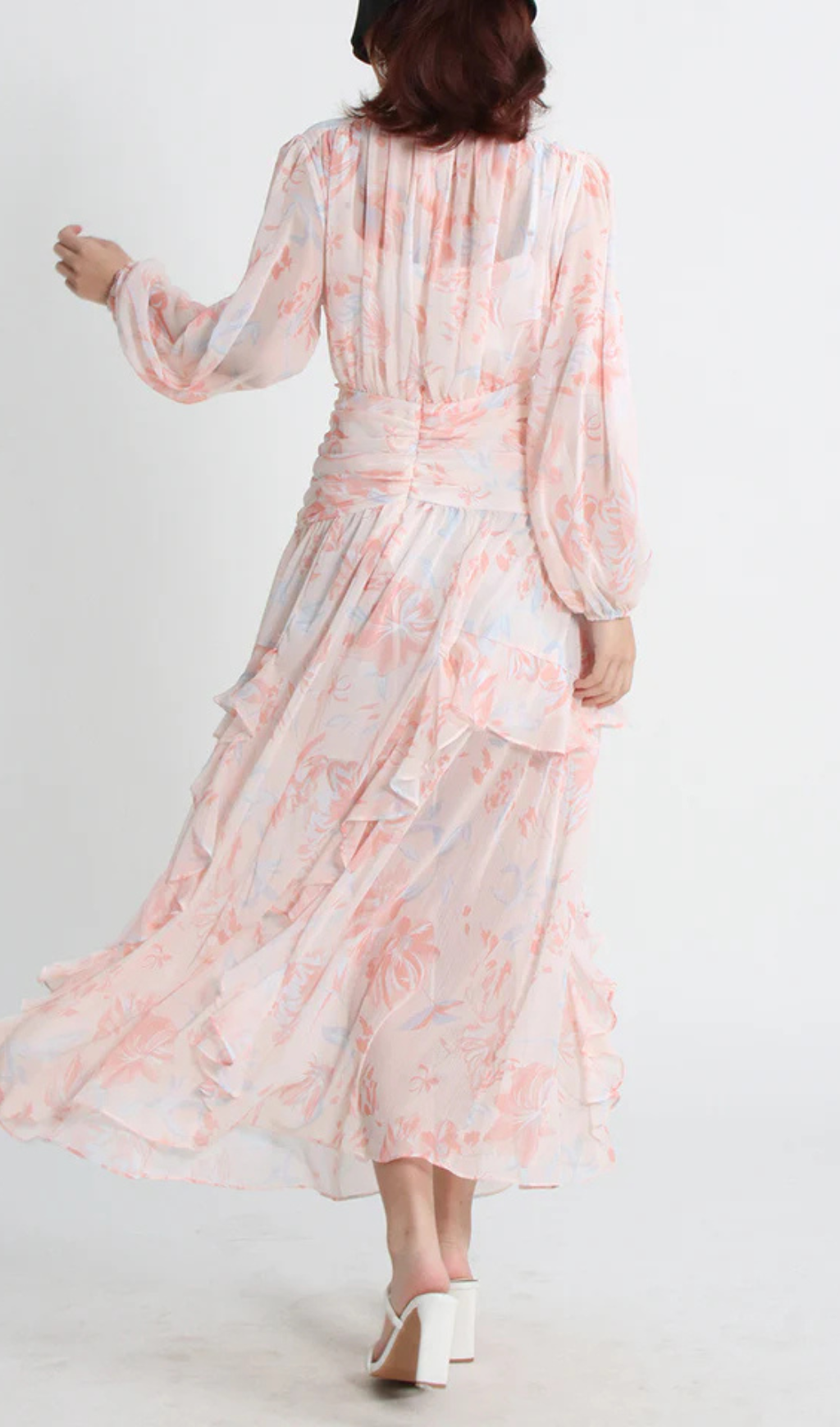 PUFF LONG SLEEVE TIERED RUFFLE HEM MAXI DRESS IN PINK