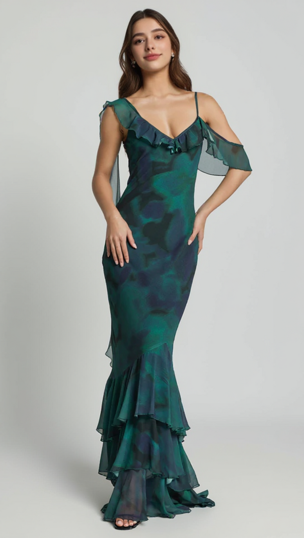 AIIZIE ASYMMETRIC RUFFLE DETAIL MAXI DRESS IN MOSS ADEANA - product image