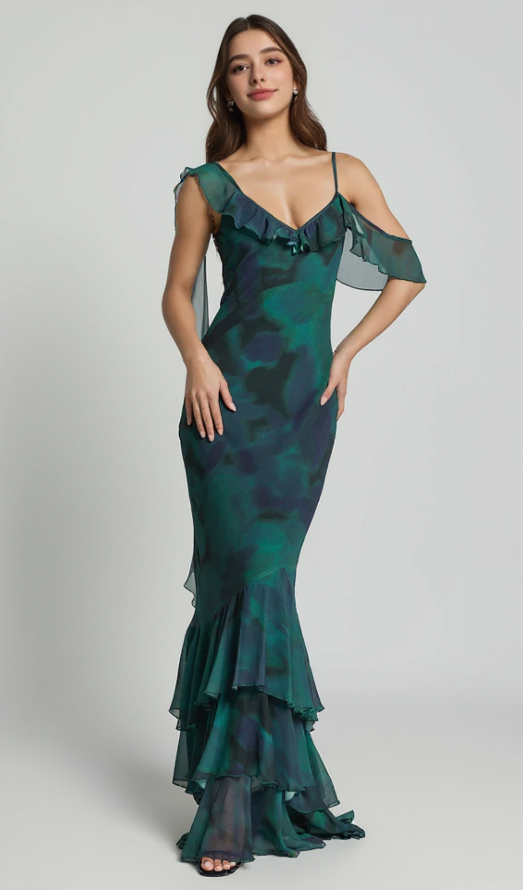 ASYMMETRIC RUFFLE DETAIL MAXI DRESS IN MOSS ADEANA