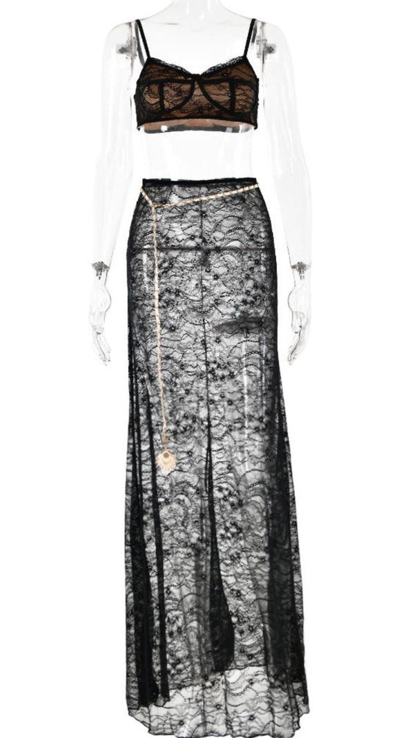 AIIZIE LACE SKIRT SET WITH WAIST CHAIN IN BLACK - product image
