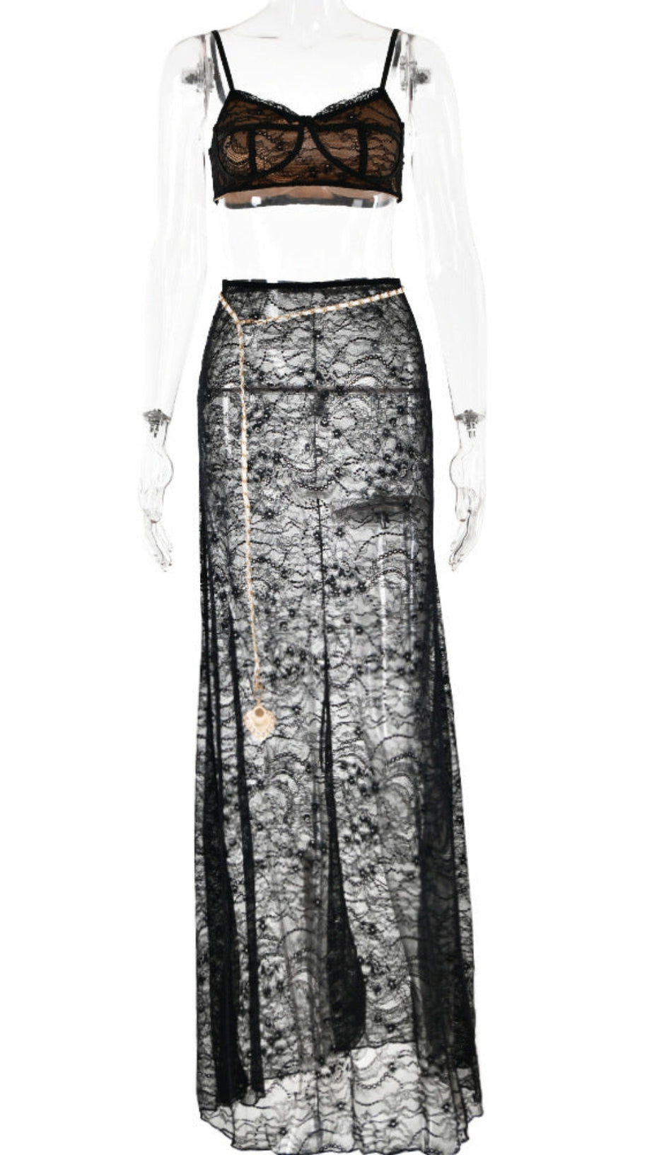 COMPLETO GONNA IN PIZZO CON CATENA IN VITA IN NERO