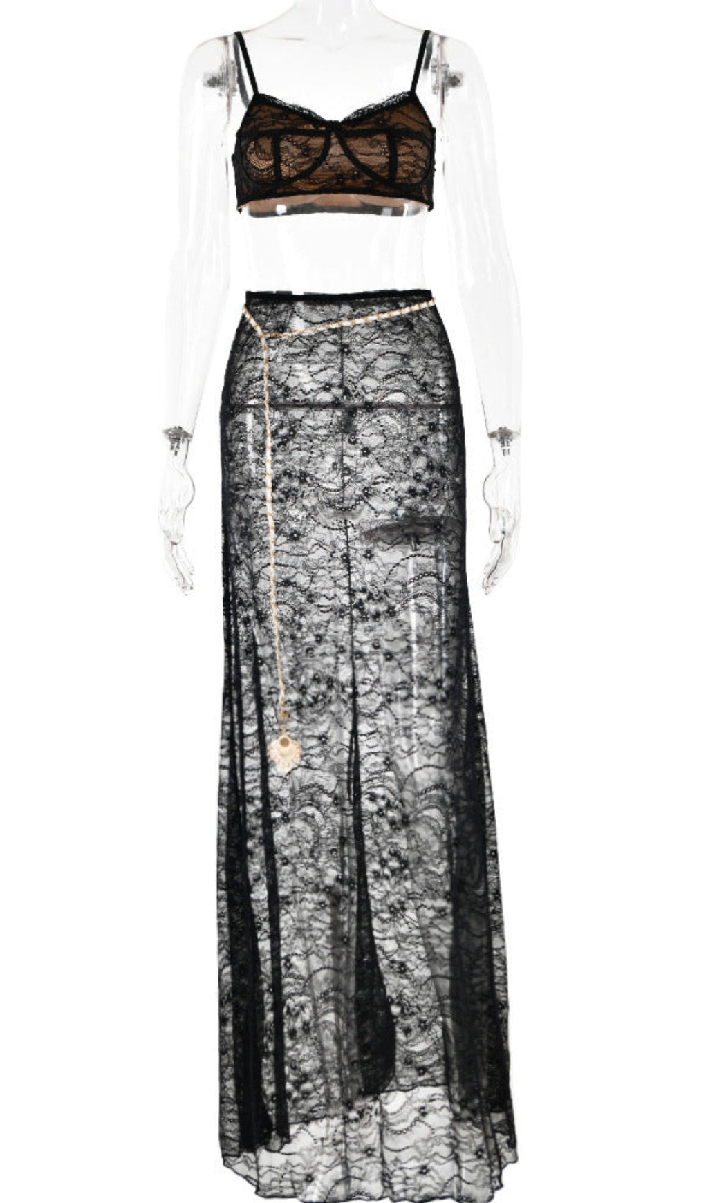 LACE SKIRT SET WITH WAIST CHAIN IN BLACK