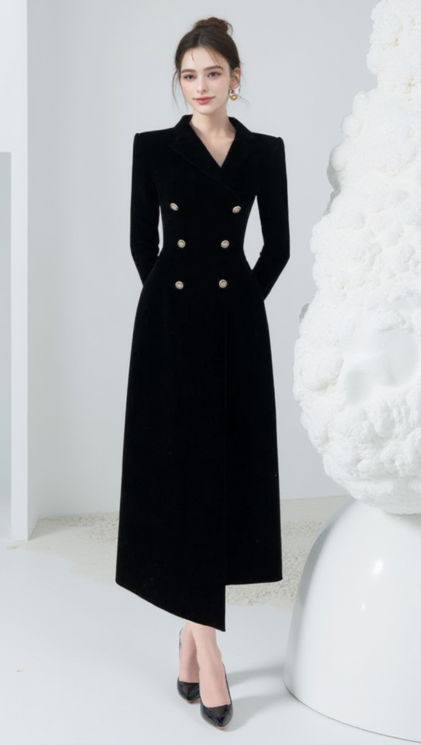 CALORIA ASYMMETRIC NOTCH LAPEL VELVET MIDI DRESS
