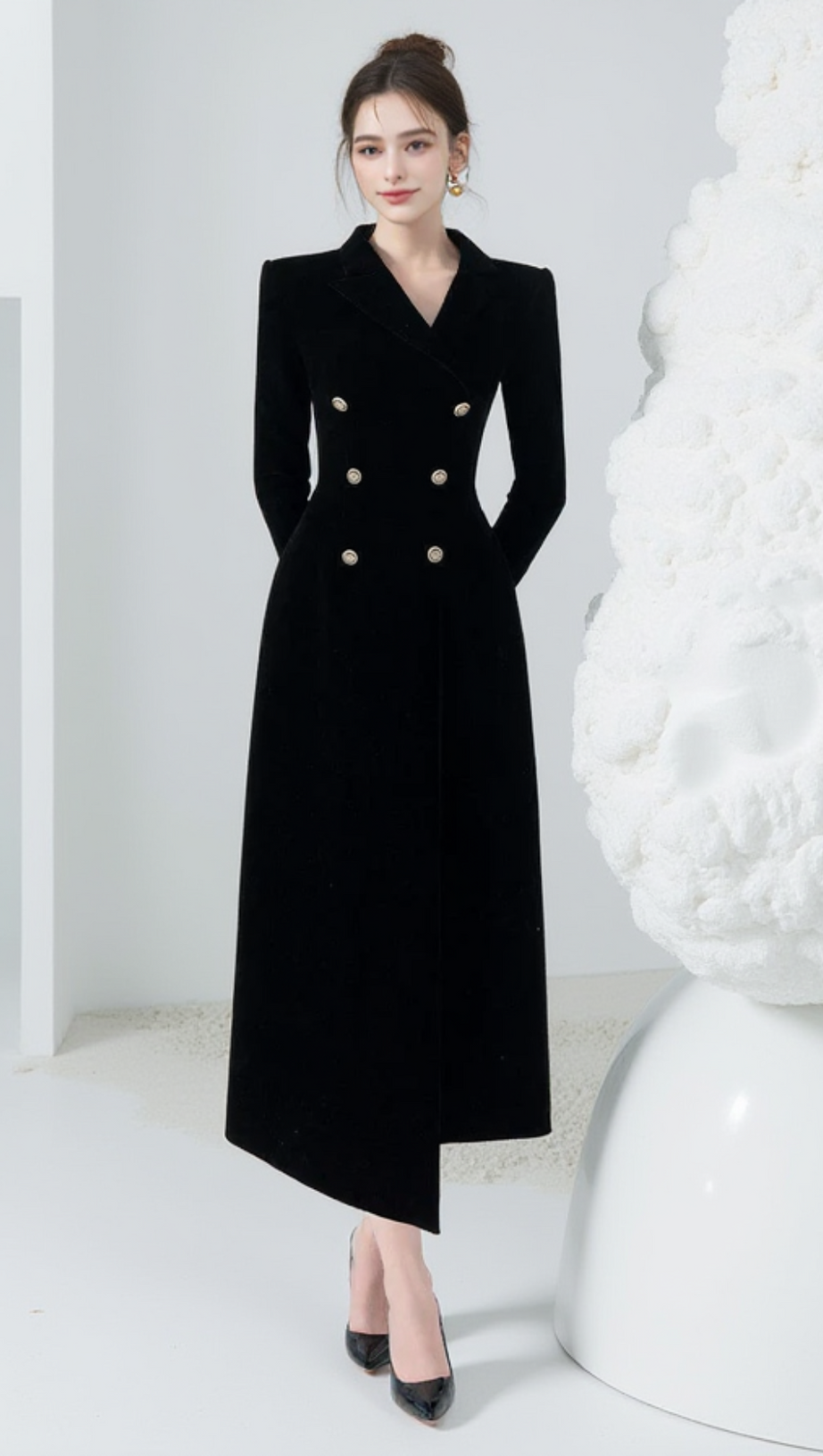 CALORIA ASYMMETRIC NOTCH LAPEL VELVET MIDI DRESS