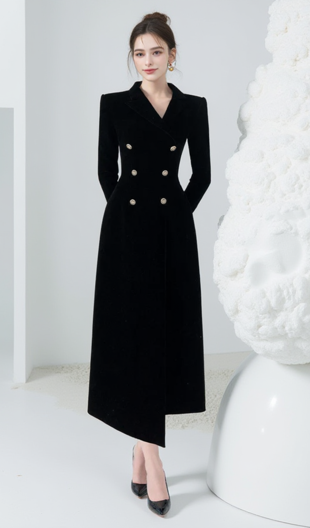 CALORIA ASYMMETRIC NOTCH LAPEL VELVET MIDI DRESS