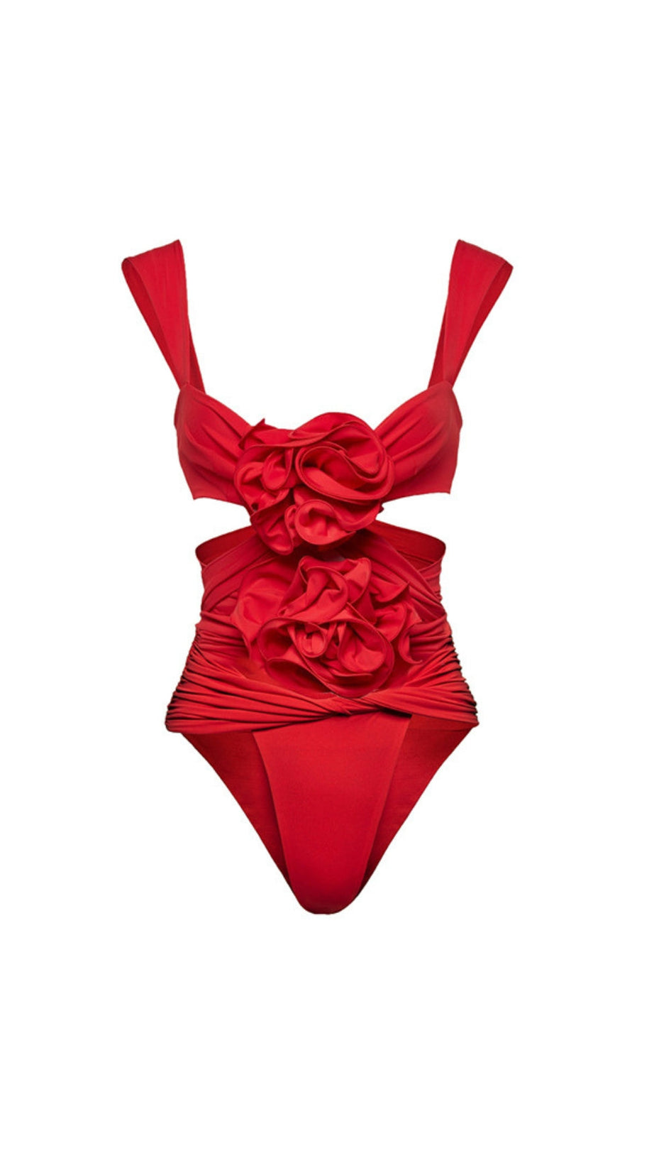 ROTER BADEANZUG UND ROCK MIT 3D-BLUMEN