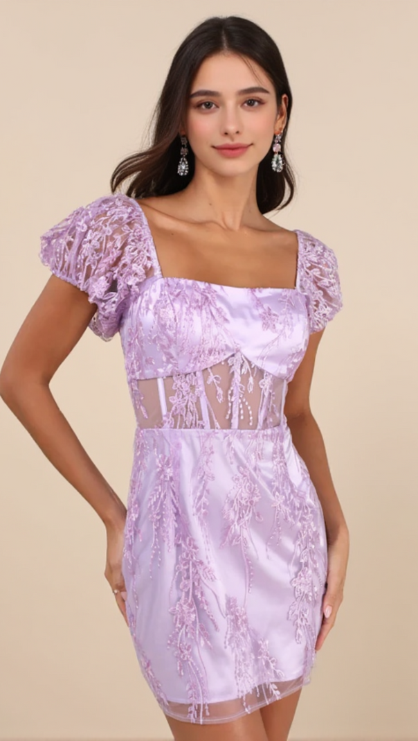 AIIZIE SERIOUSLY CUTE LAVENDER EMBROIDERED MESH PUFF SLEEVE MINI DRESS - product image