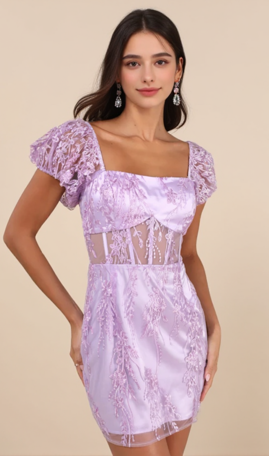 Seriously Cute Lavender Embroidered Mesh Puff Sleeve Mini Dress