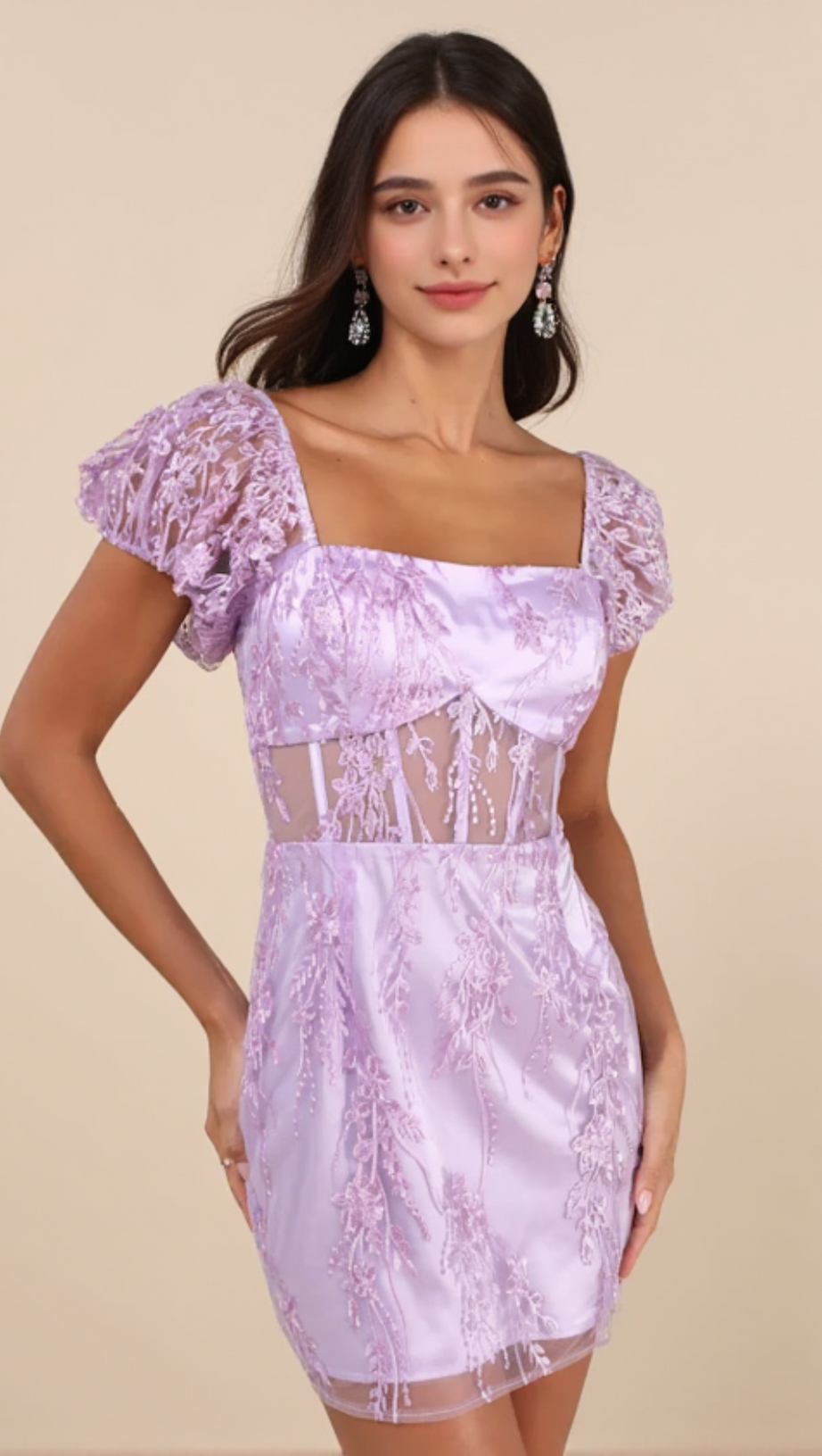 SERIOUSLY CUTE LAVENDER EMBROIDERED MESH PUFF SLEEVE MINI DRESS