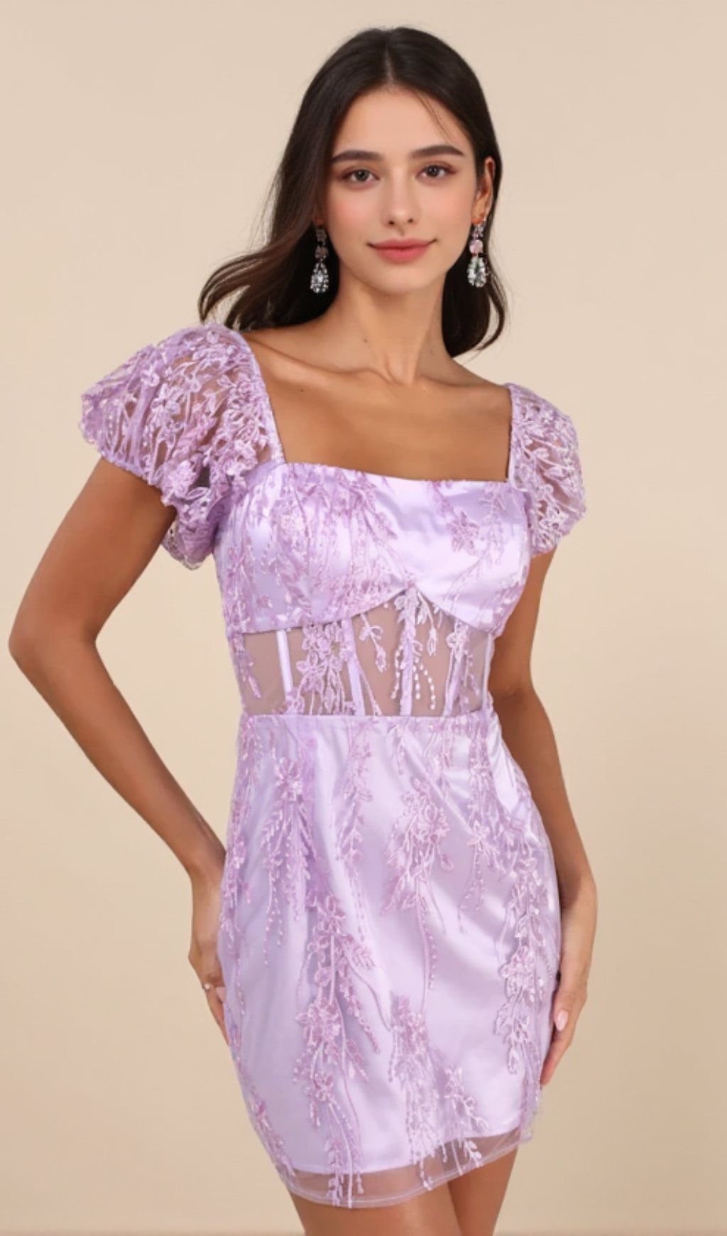SERIOUSLY CUTE LAVENDER EMBROIDERED MESH PUFF SLEEVE MINI DRESS