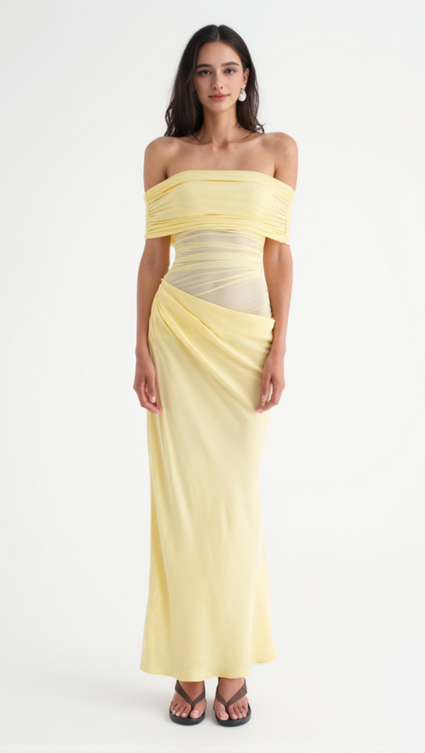 AIIZIE REANKO OFF SHOULDER RUCHED MESH MAXI DRESS - YELLOW - product image