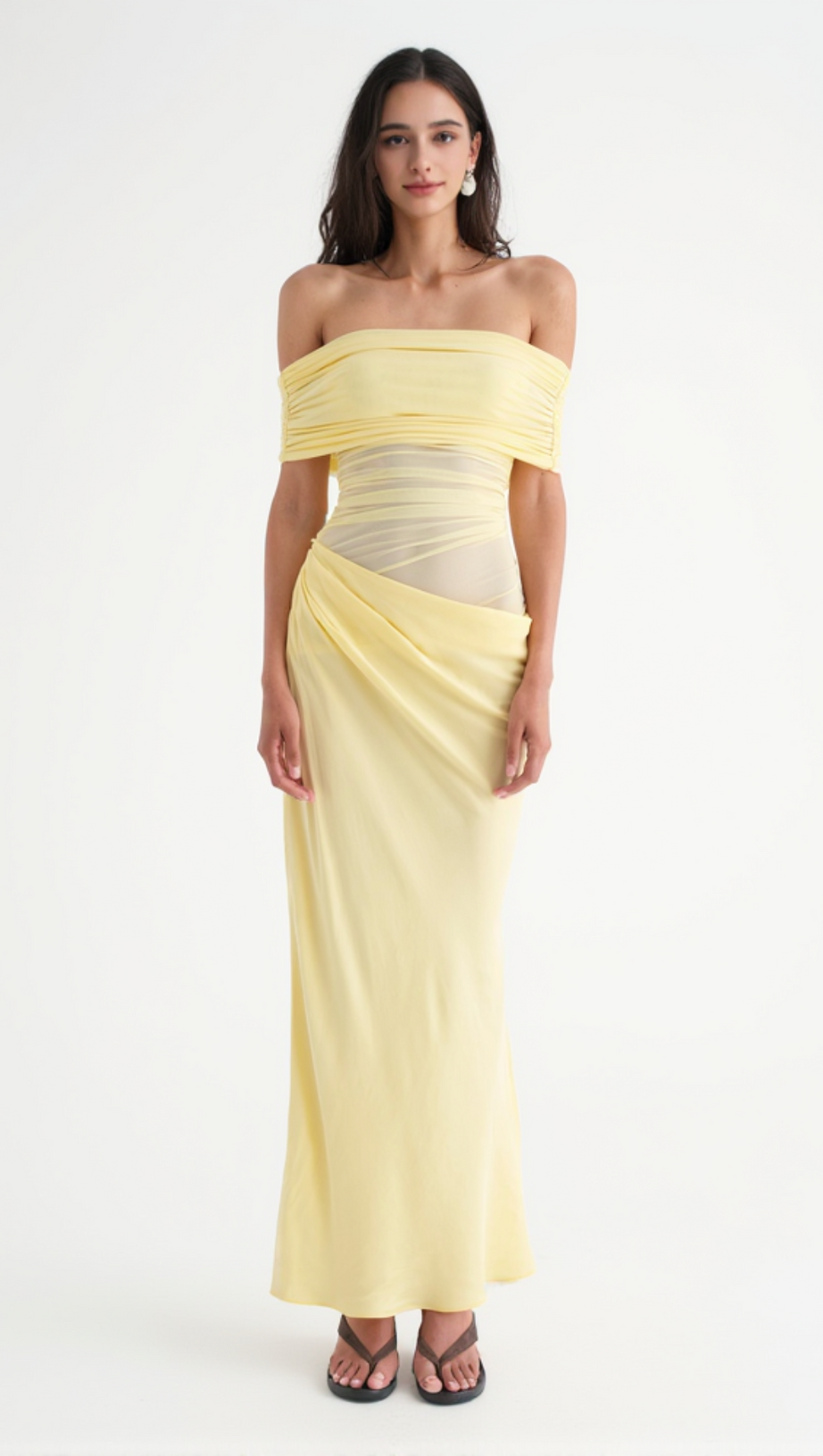 Reanko Schulterfreies, gerüschtes Maxikleid aus Netzstoff - Gelb