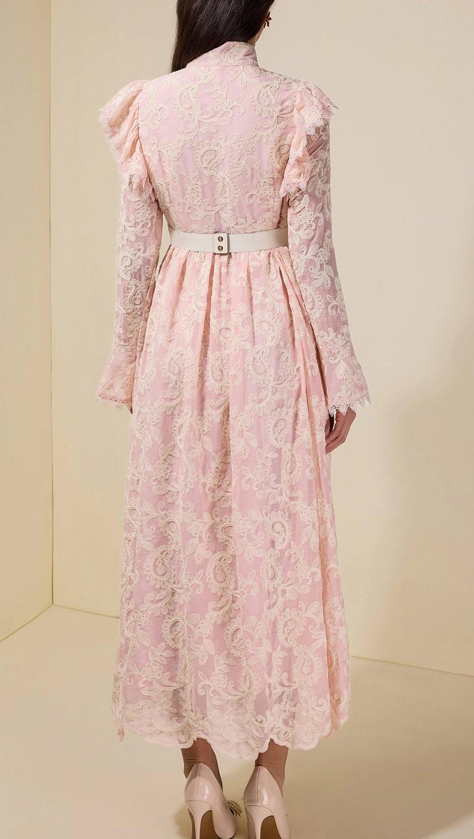 alma Chiffon Embroidered Single Breasted Midi Dress With Belt - pink