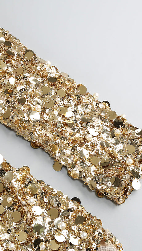 Langärmliges Maxikleid mit Pailletten in Gold