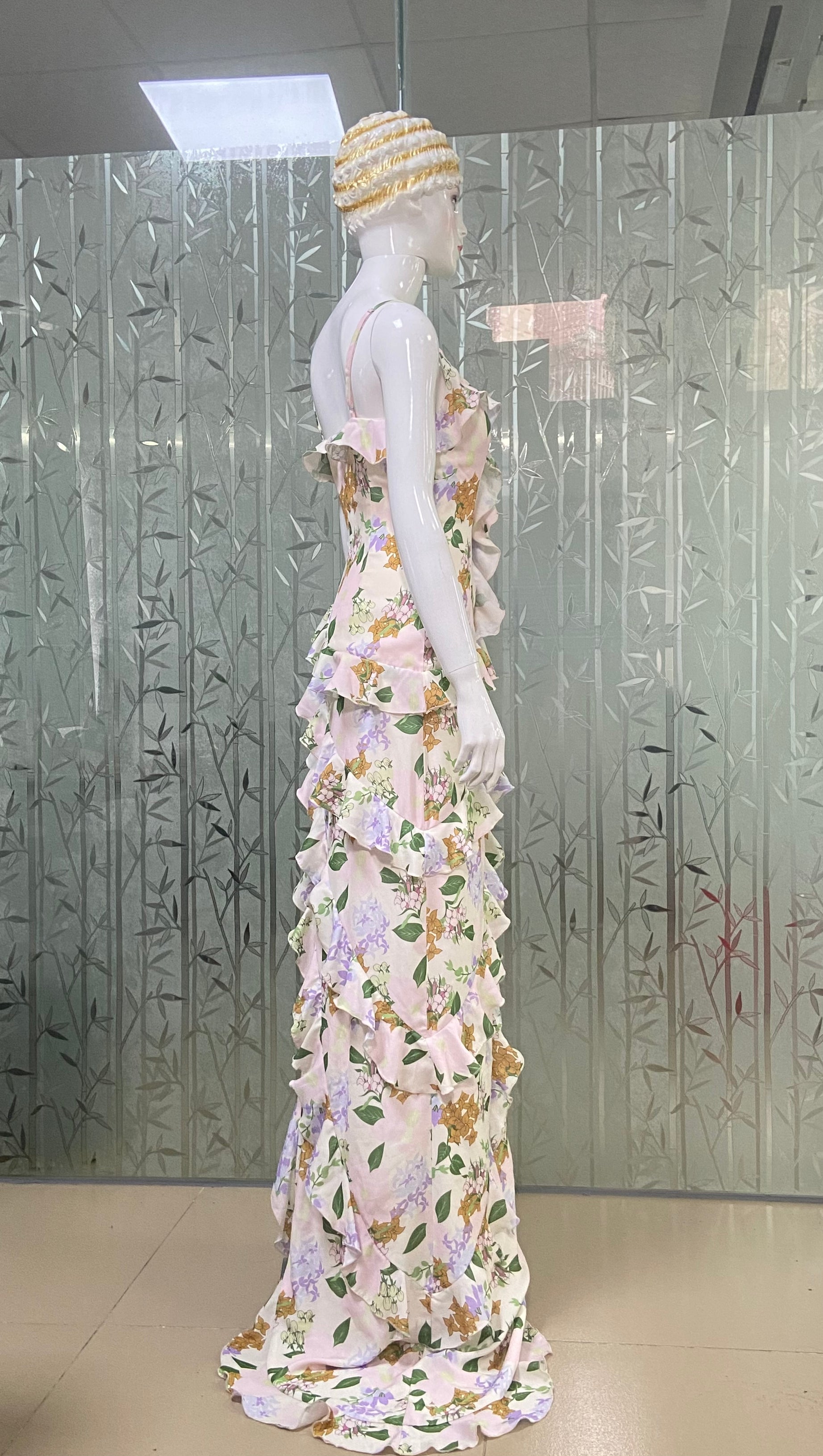 ASYMMETRICAL RUFFLED FLORAL DRAPED MAXI DRESS IN BEIGE