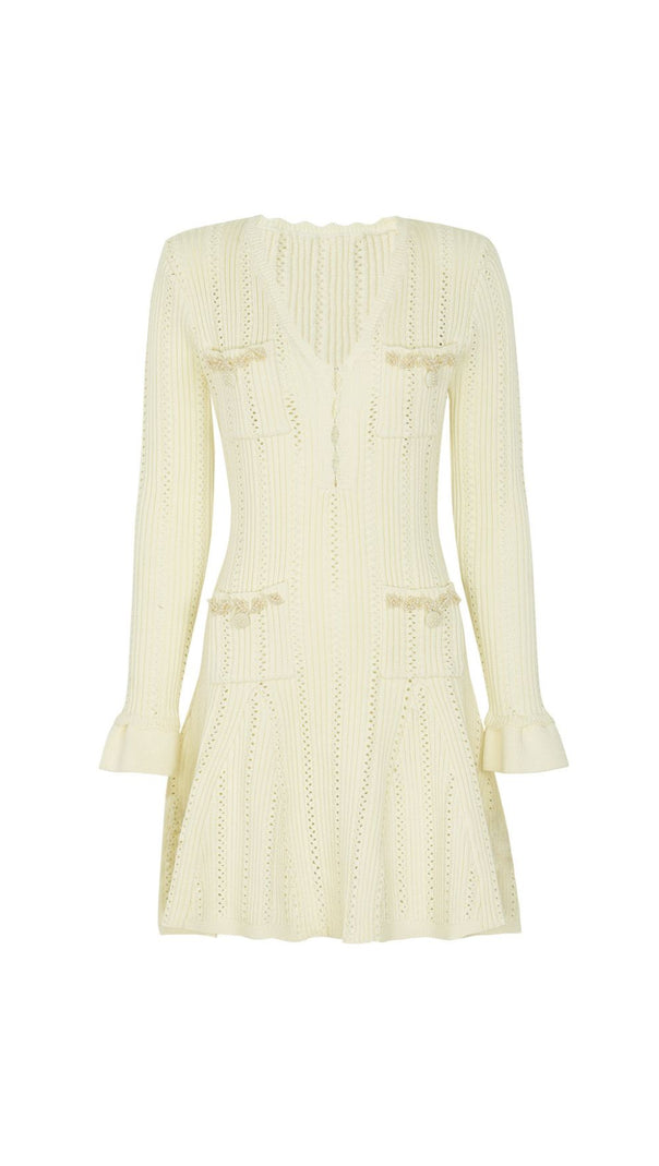 AIIZIE Elegant Pink Beaded Knit Mini Dress | Long Sleeve & Flattering Fit - product image