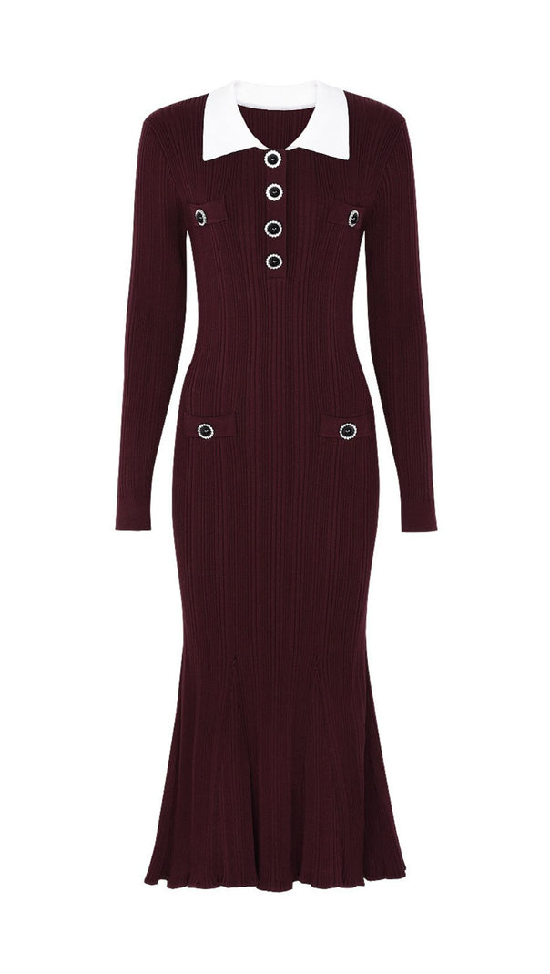 AIIZIE Javier Ribbed Knit Midi Dress - Long Sleeve, Contrast Collar & Burgundy Hue - product image
