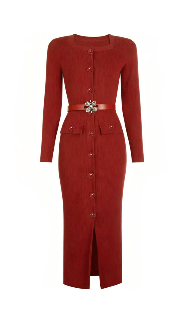 AIIZIE The June Knit Midi Dress: Elegant Ribbed Style with Embellished Belt - product image