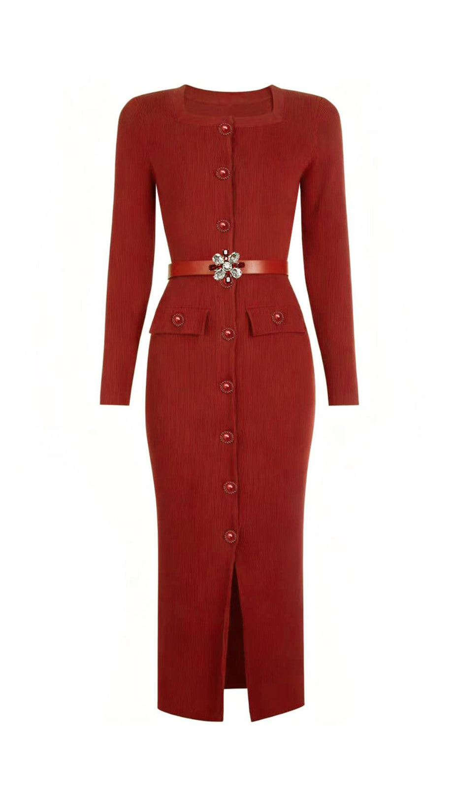 The June Knit Midi Dress: Elegant Ribbed Style with Embellished Belt