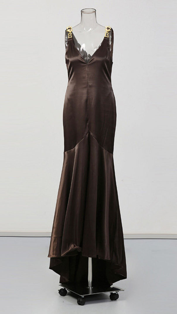 Jase Luxe Brown Satin V-Neck Maxi Gown with Embellished Straps
