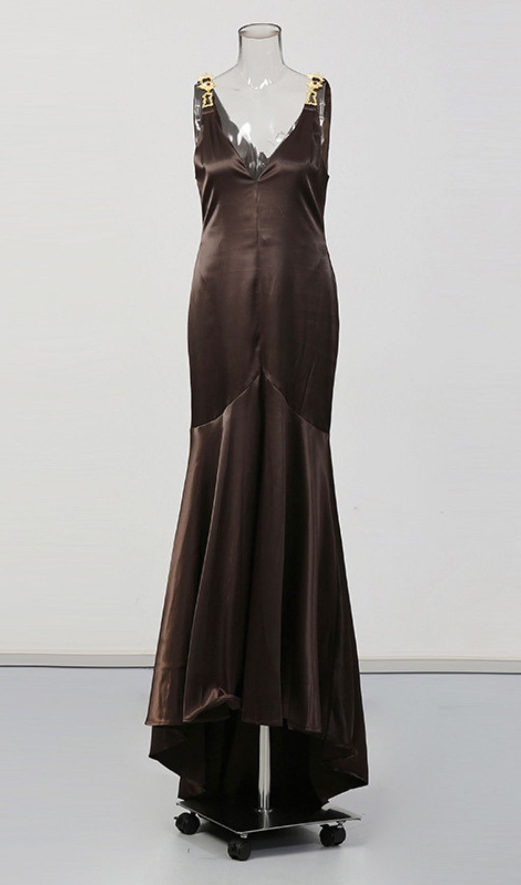 Jase Luxe Brown Satin V-Neck Maxi Gown with Embellished Straps