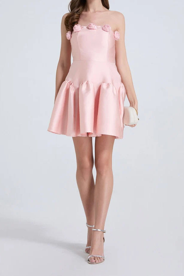 TINA FLOWER STRAPLESS MINI DRESS IN PINK