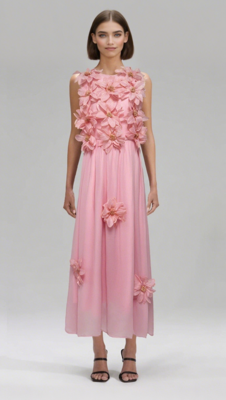 3D FLOWER EMBELLISHED SLEEVELESS MAXI DRESS IN YELLOW