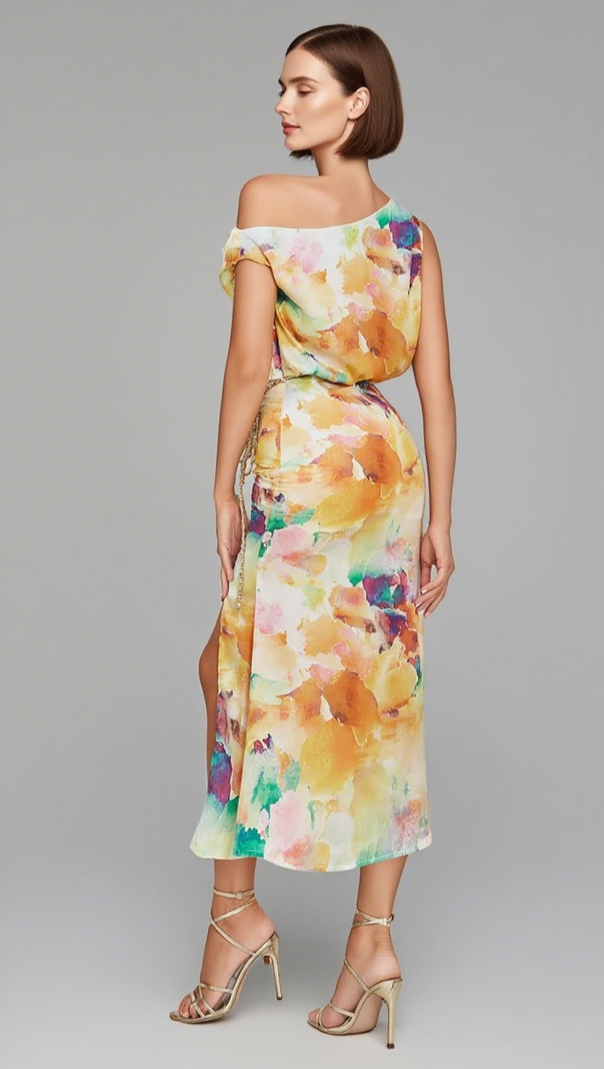 AIIZIE COLORFUL WATERCOLOR ONE - SHOULDER CHAIN - BELTED MIDI DRESS IN ORANGE - product image