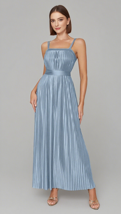 STRAPLESS PLEATED BELTED MAXI DRESS IN LIGHT BLUE