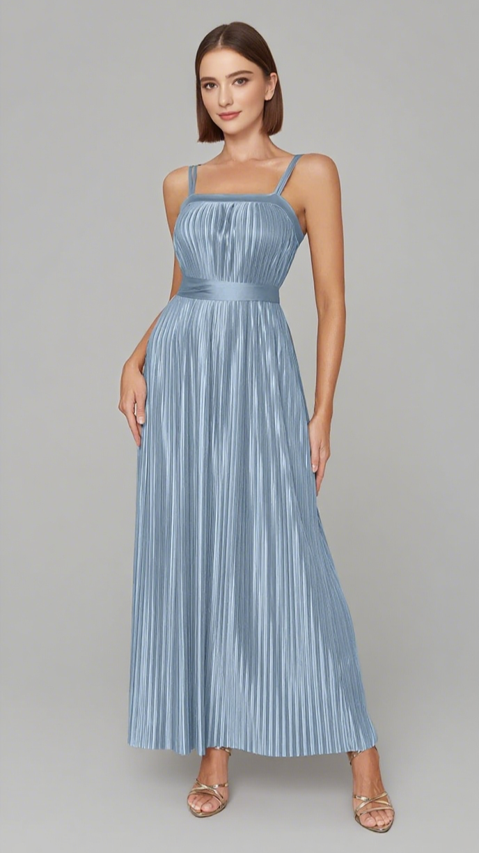 STRAPLESS PLEATED BELTED MAXI DRESS IN LIGHT BLUE
