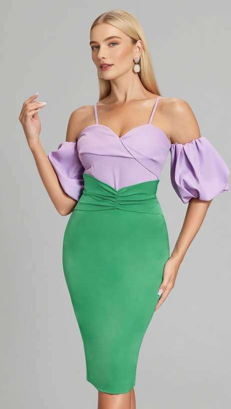 TWO - TONE PUFF - SLEEVE MIDI DRESS IN LAVENDER GREEN