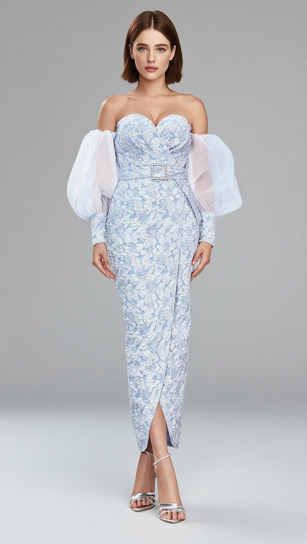 AIIZIE FLORAL BROCADE OFF - SHOULDER BELTED MIDI DRESS IN LIGHT BLUE - product image