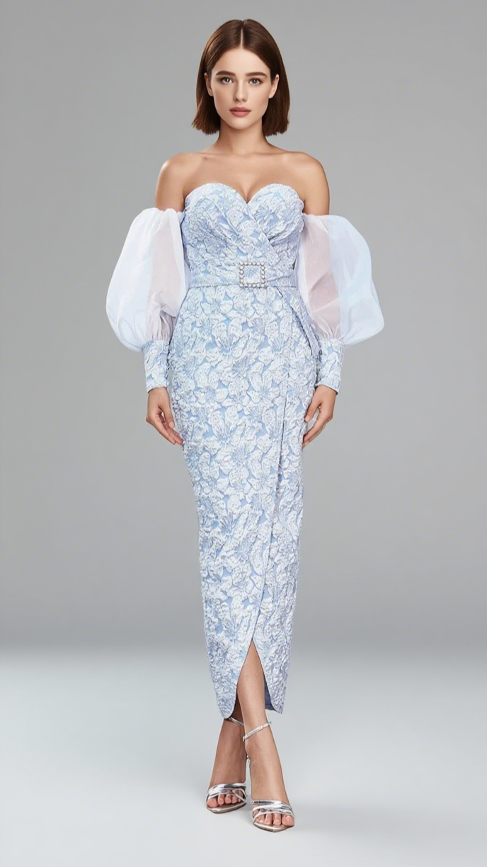 FLORAL BROCADE OFF - SHOULDER BELTED MIDI DRESS IN LIGHT BLUE