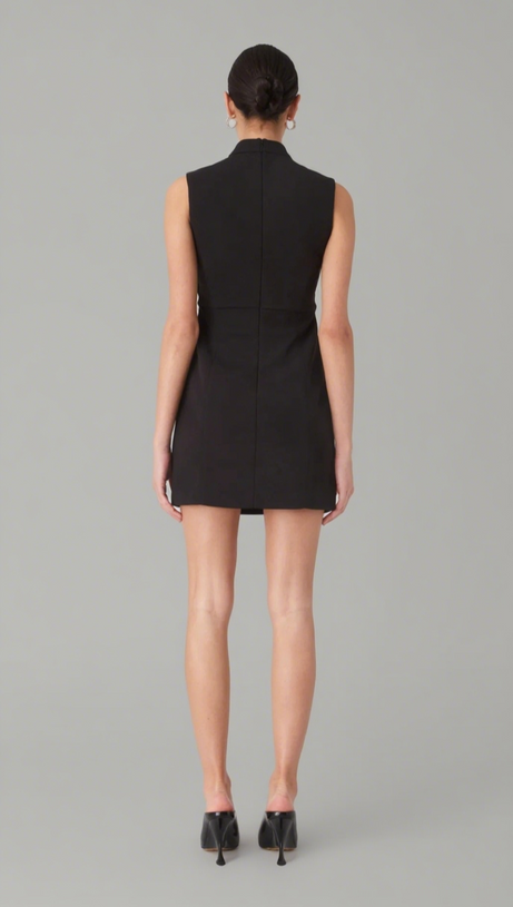 STAND COLLAR CUTOUT MINI DRESS IN BLACK