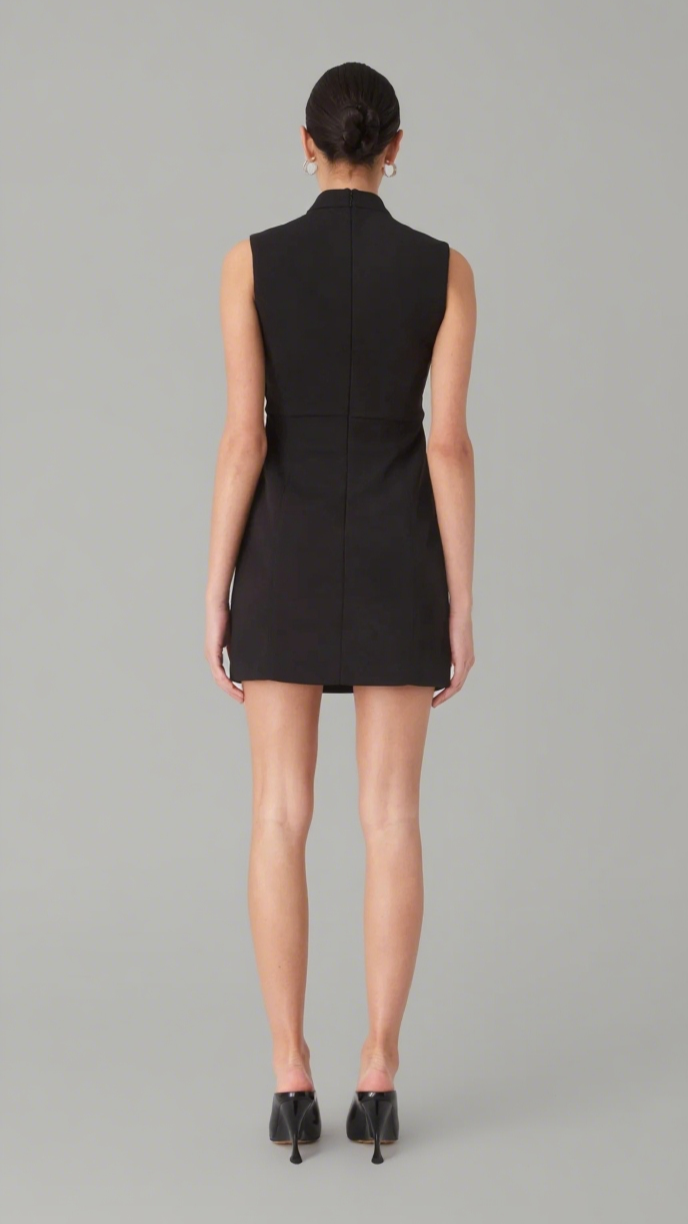 STAND COLLAR CUTOUT MINI DRESS IN BLACK