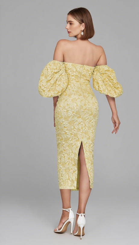 FLORAL - JACQUARD OFF - SHOULDER MIDI DRESS IN YELLOW