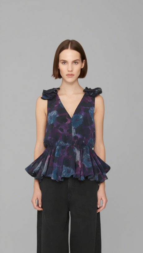 FLORAL PRINT CHIFFON RUFFLE TOP