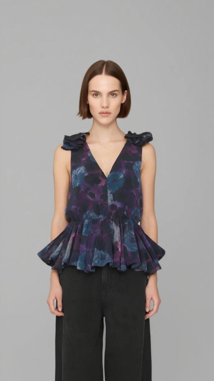 FLORAL PRINT CHIFFON RUFFLE TOP