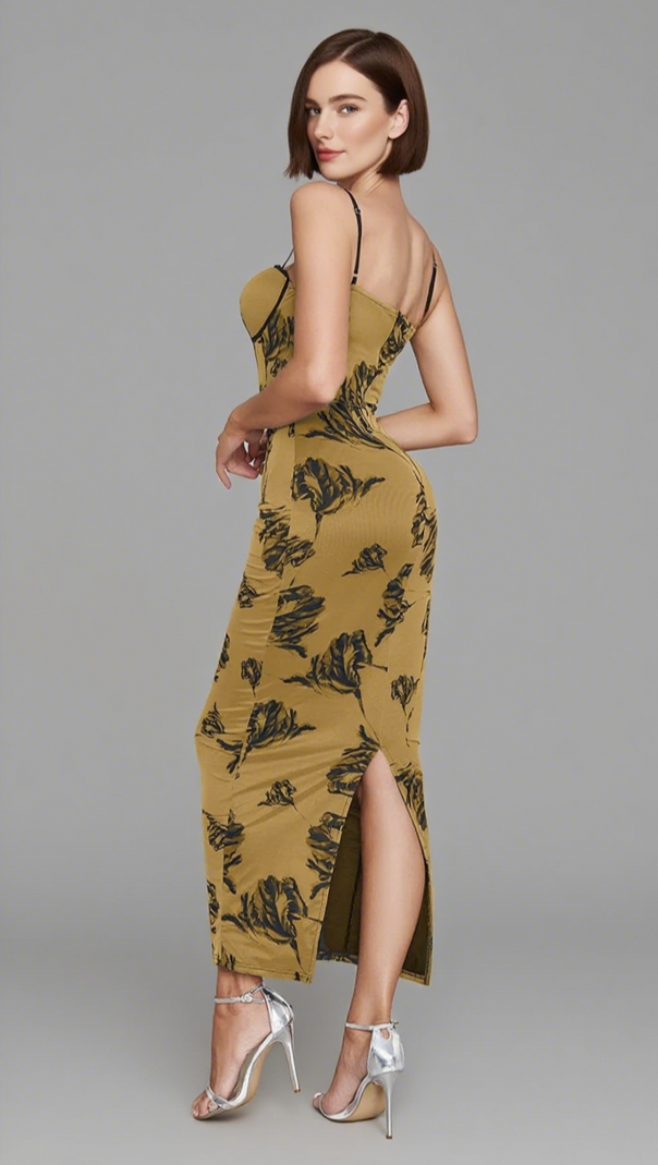 AIIZIE FLORAL PRINT CORSET - STYLE MIDI DRESS IN BROWN - product image