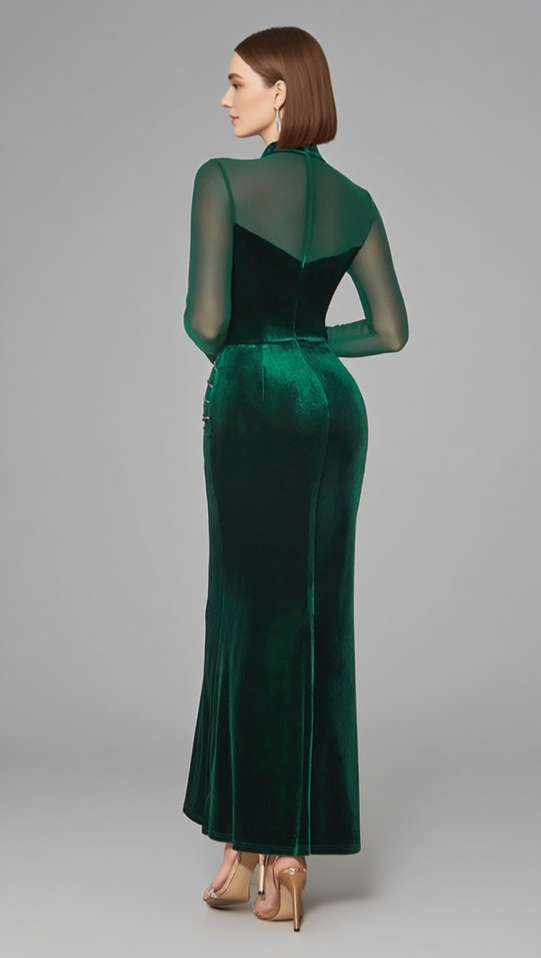 AIIZIE MESH - SLEEVE VELVET BEADED MAXI DRESS IN DARK GREEN - product image