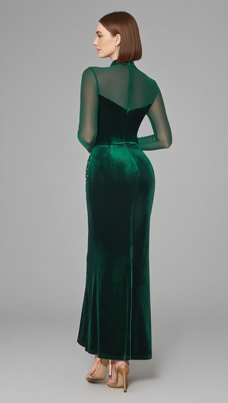 MESH - SLEEVE VELVET BEADED MAXI DRESS IN DARK GREEN