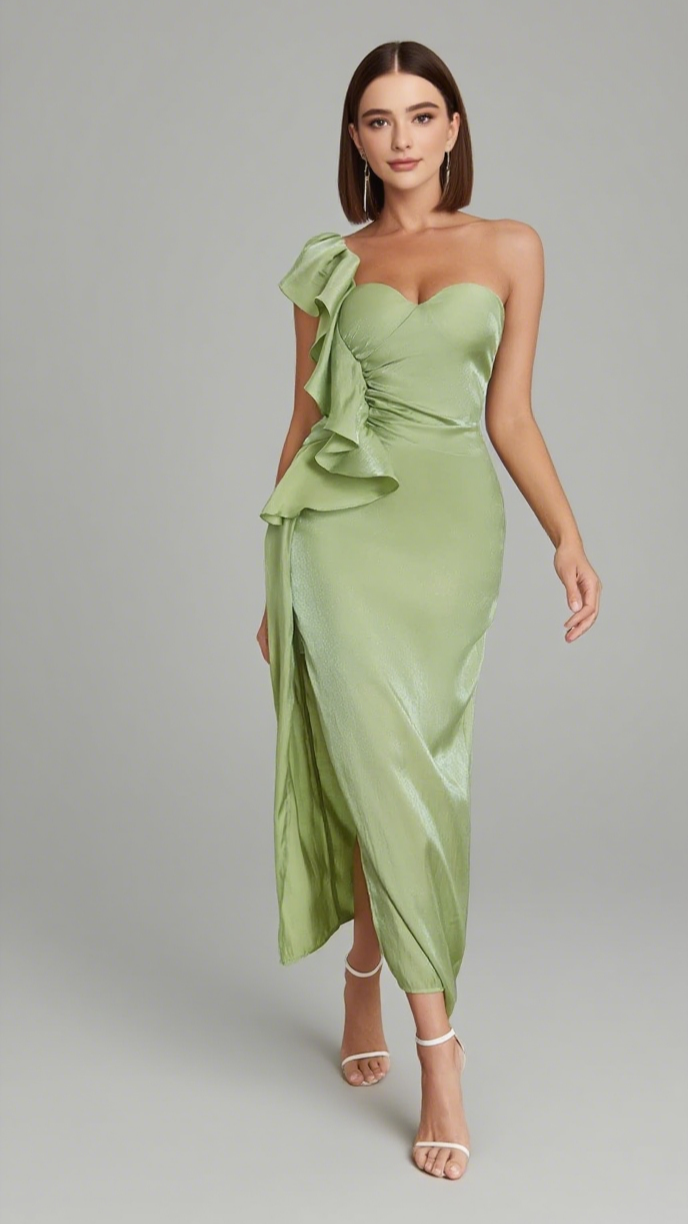 ONE - SHOULDER RUFFLE - DETAIL SATIN MIDI DRESS IN GREEN