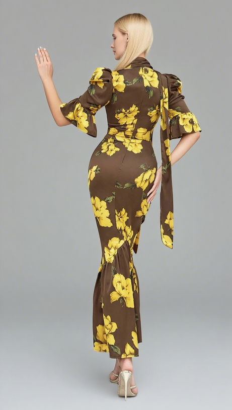 FLORAL - PRINT RUFFLED - SLEEVE TIE - NECK MIDI DRESS IN BROWN