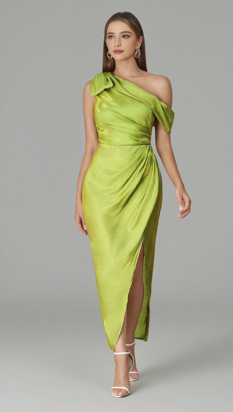 Gerafftes Midikleid mit One-Shoulder-Träger und Schleifendetail in Grün